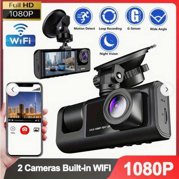 1080P Car Dash Cam WIFI Camera Cycle Recording Video Recorder, Front and Inside View Camera, Parking Monitor, Reverse Camera, Infrared Night Vision